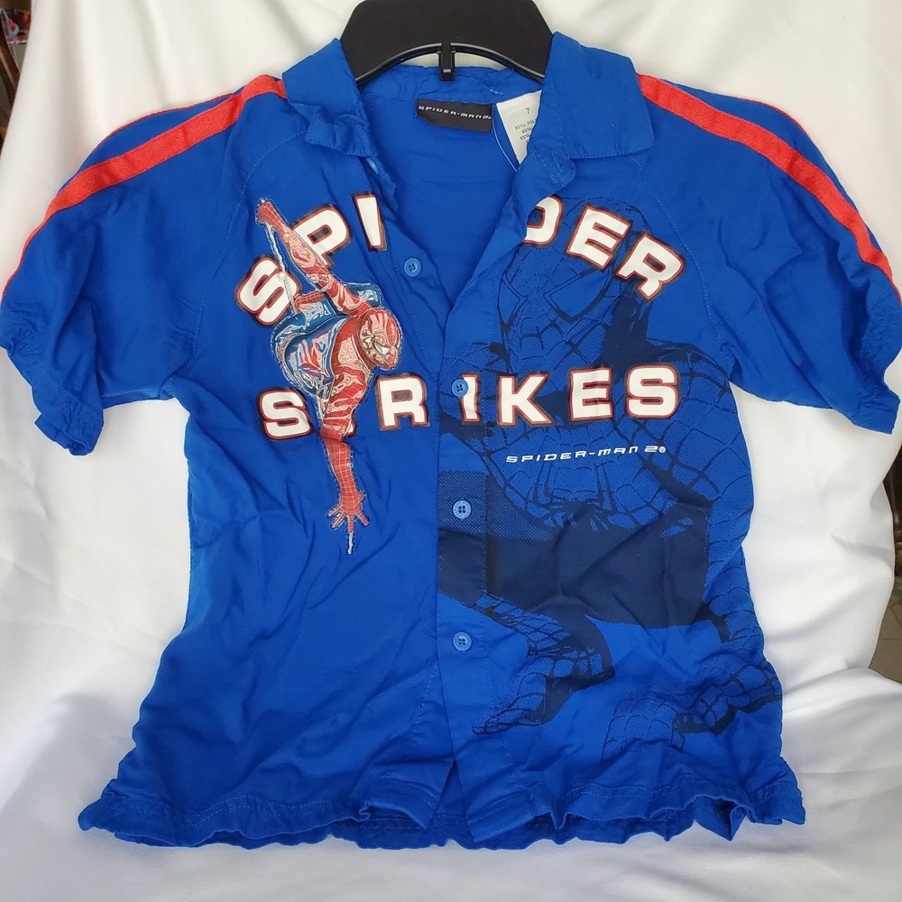 Spiderman 2 Vintage‎ Y2K Graphic Button Shirt Boys Size 7 Blue Spider Strikes